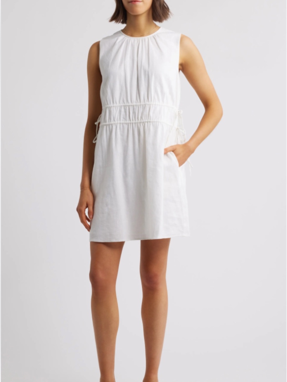 Charles Henry Drawstring Waist Linen Blend Minidress Mini Dress in White Size XS